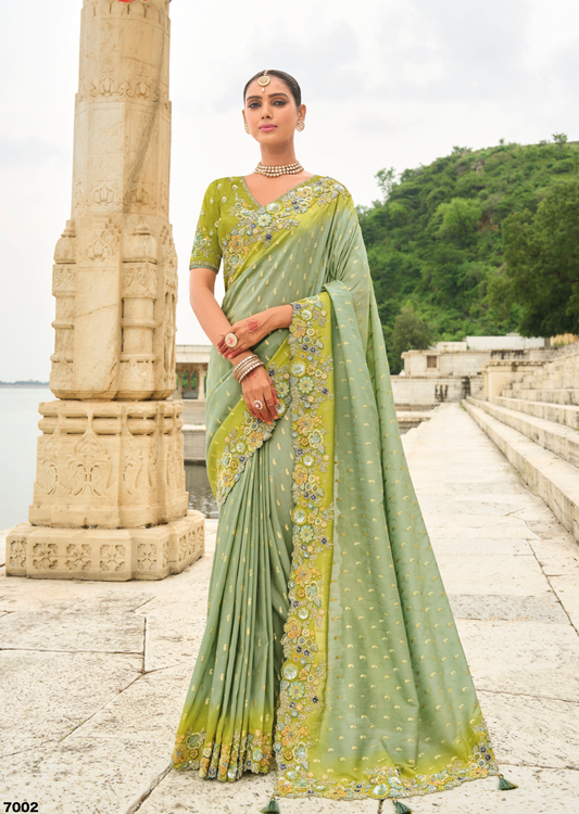 Pista Green Gadwal Silk Saree with Magenta Blouse for Reception