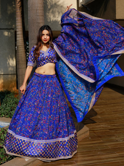 Trending blue multi embroidery designer lehenga for festival.
