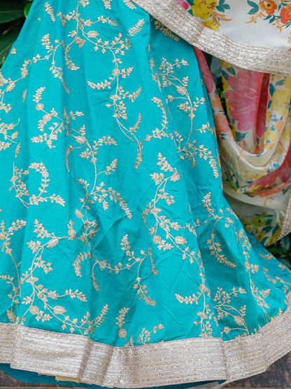 Cyan luxury lehenga with multi embroidery and dupatta for reception.