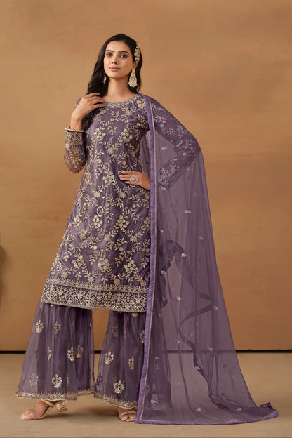 Modern sharara suit in levender shade with net detailing