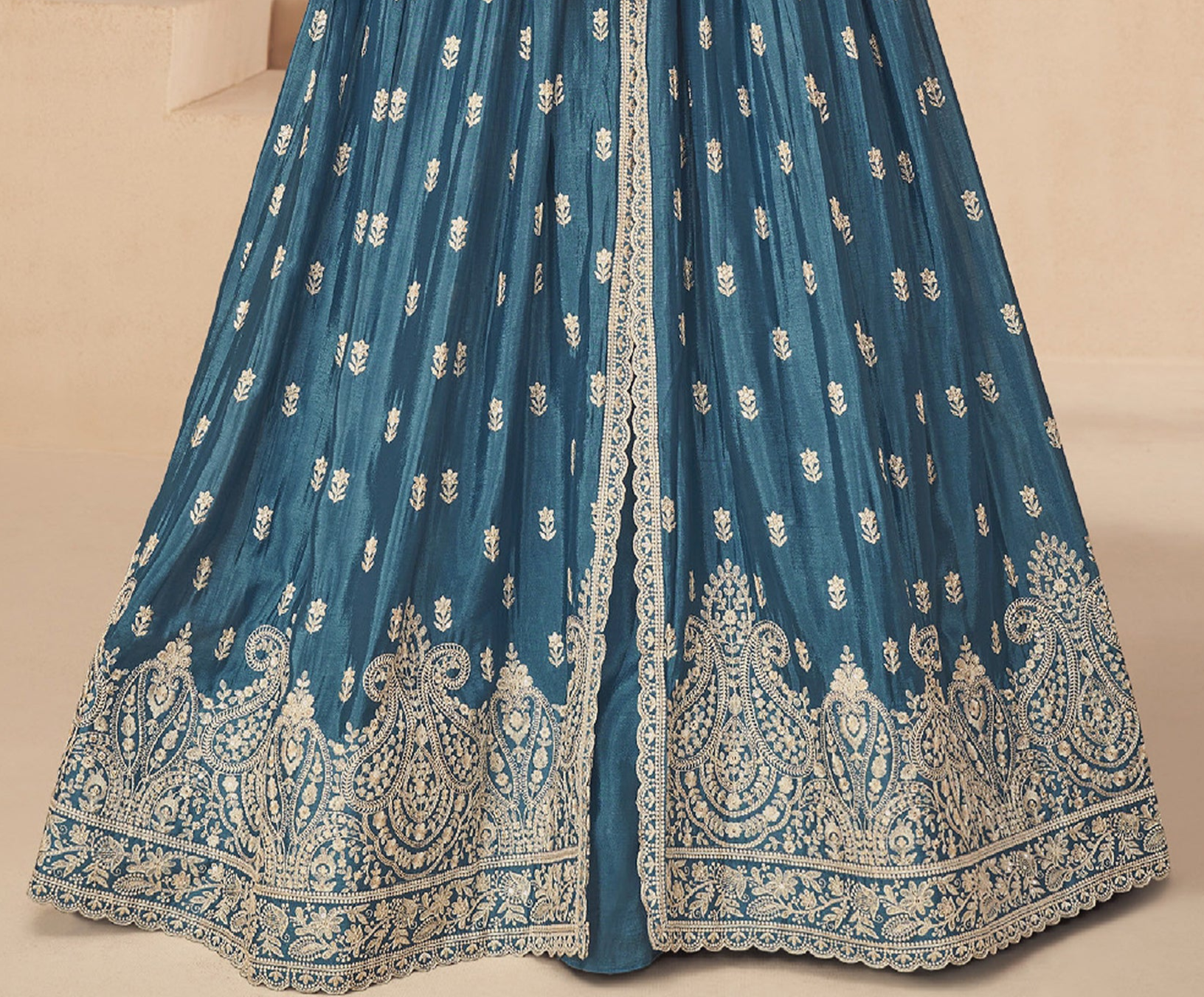 Embroidery Worked Stylish Heavy Dull Santoon Blue Anarkali Gown Dupatta Suits 	 