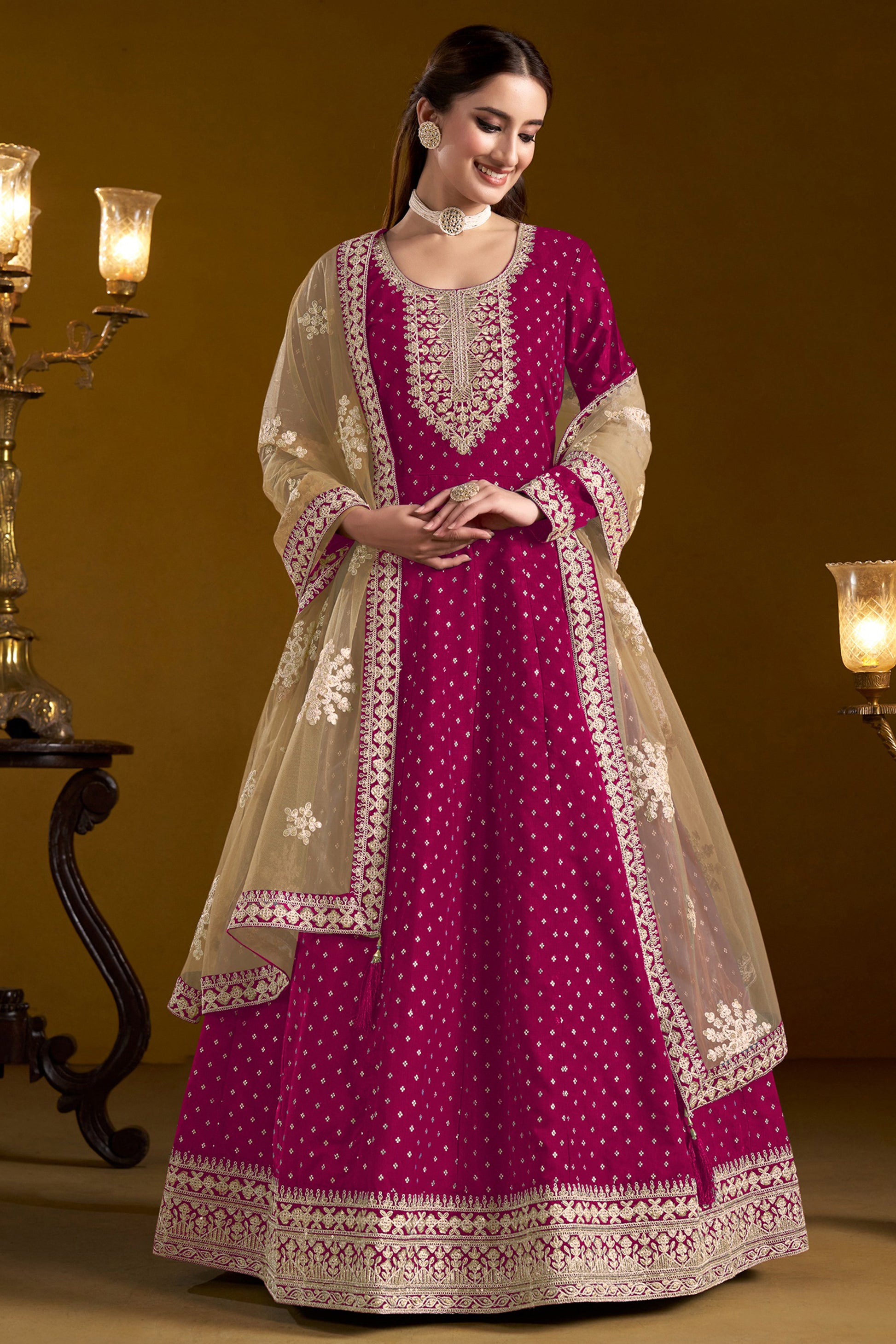 Designer Pink Anarkali Gown With Net Dupatta - Front View Ethnic Indian Wedding Dress