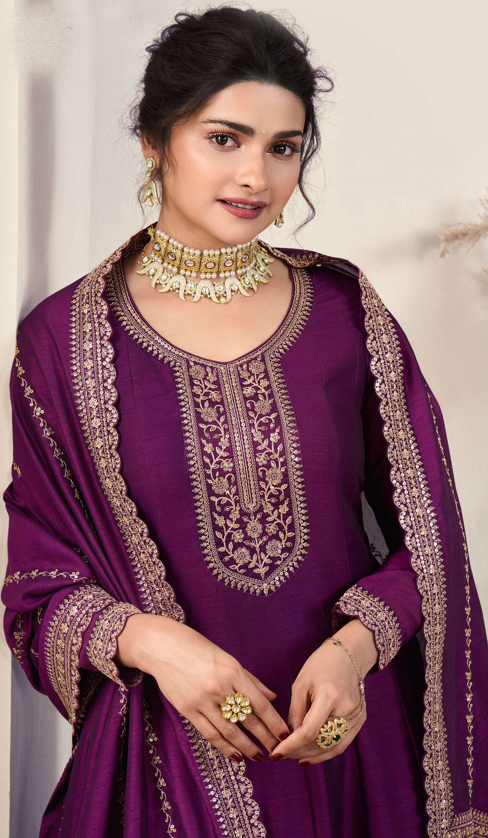 Wine Anarkali Suit Embroidered Silk Georgette With Dupatta For Parties