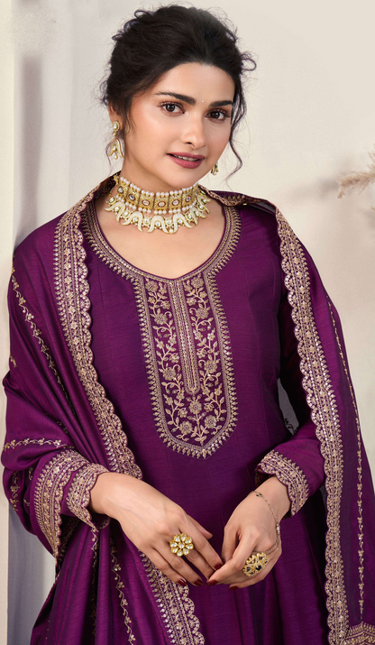 Wine Anarkali Suit Embroidered Silk Georgette With Dupatta For Parties