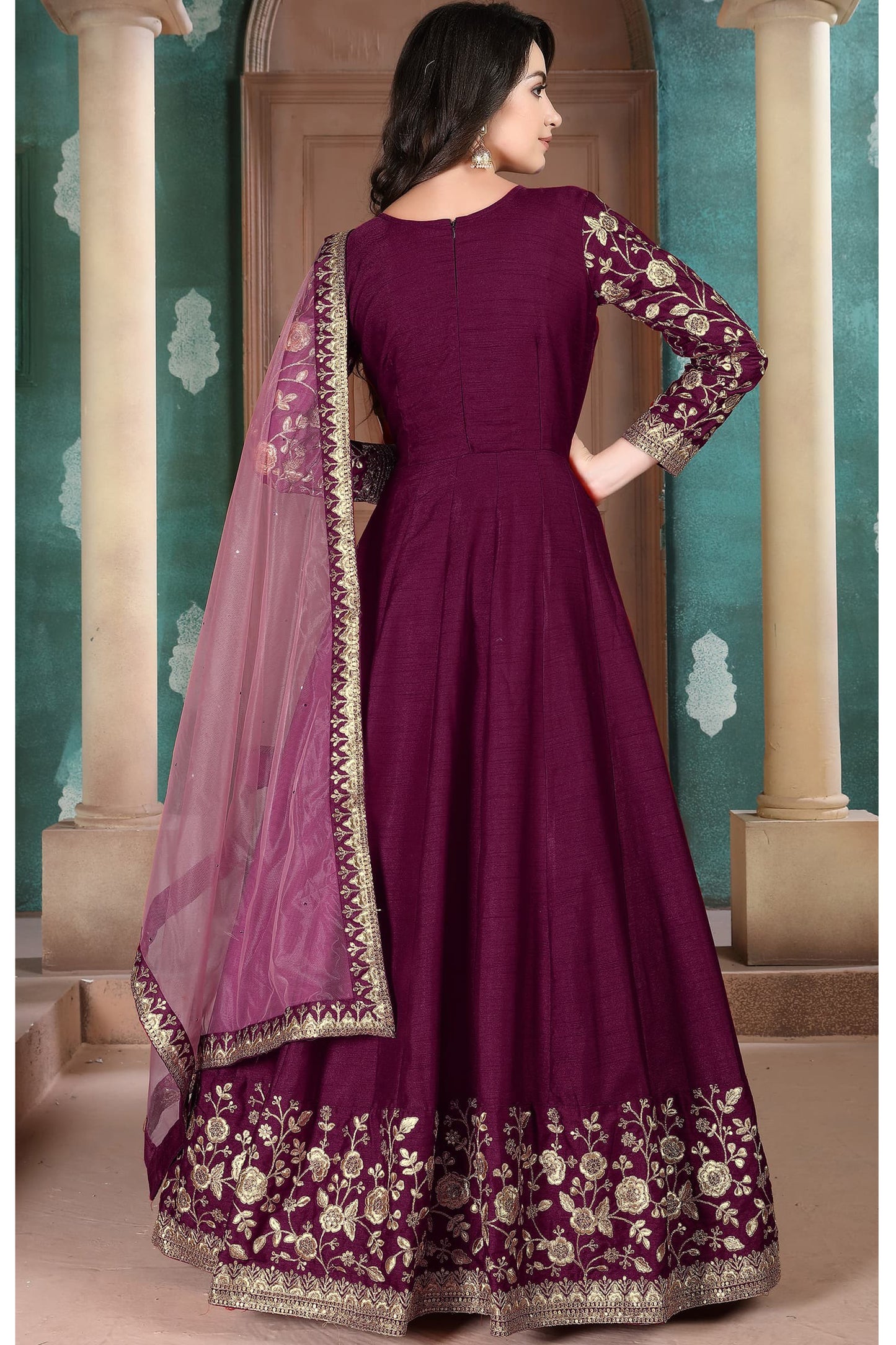 Beautiful Wine Stylish Anarkali Party Wear Dupatta Gown Dresses