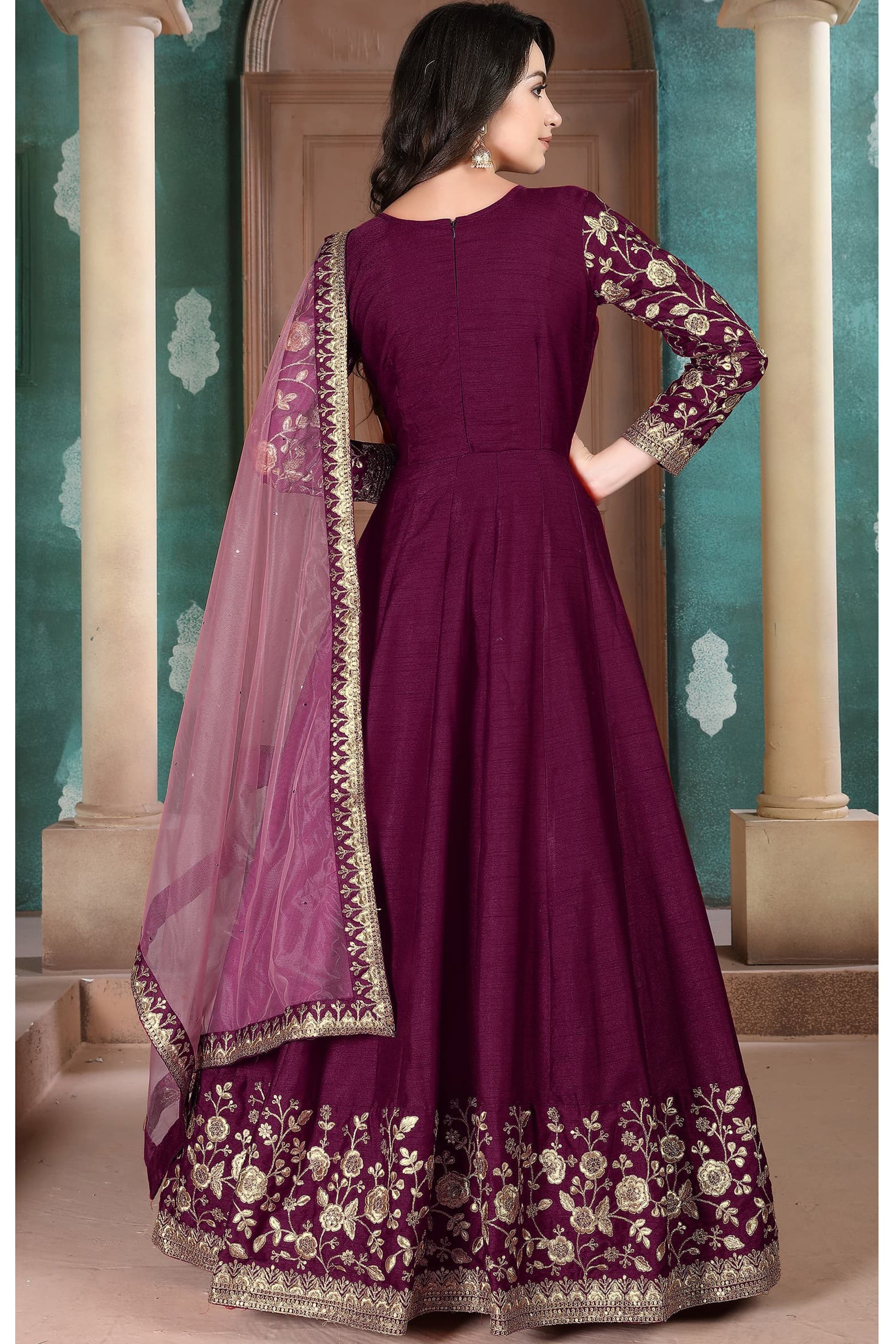 Beautiful Wine Stylish Anarkali Party Wear Dupatta Gown Dresses