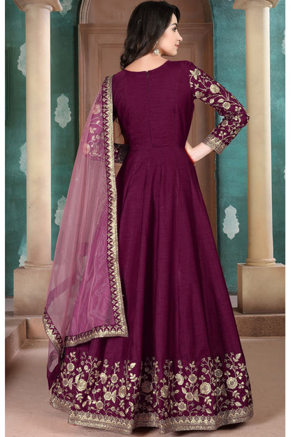 Beautiful Wine Stylish Anarkali Party Wear Dupatta Gown Dresses