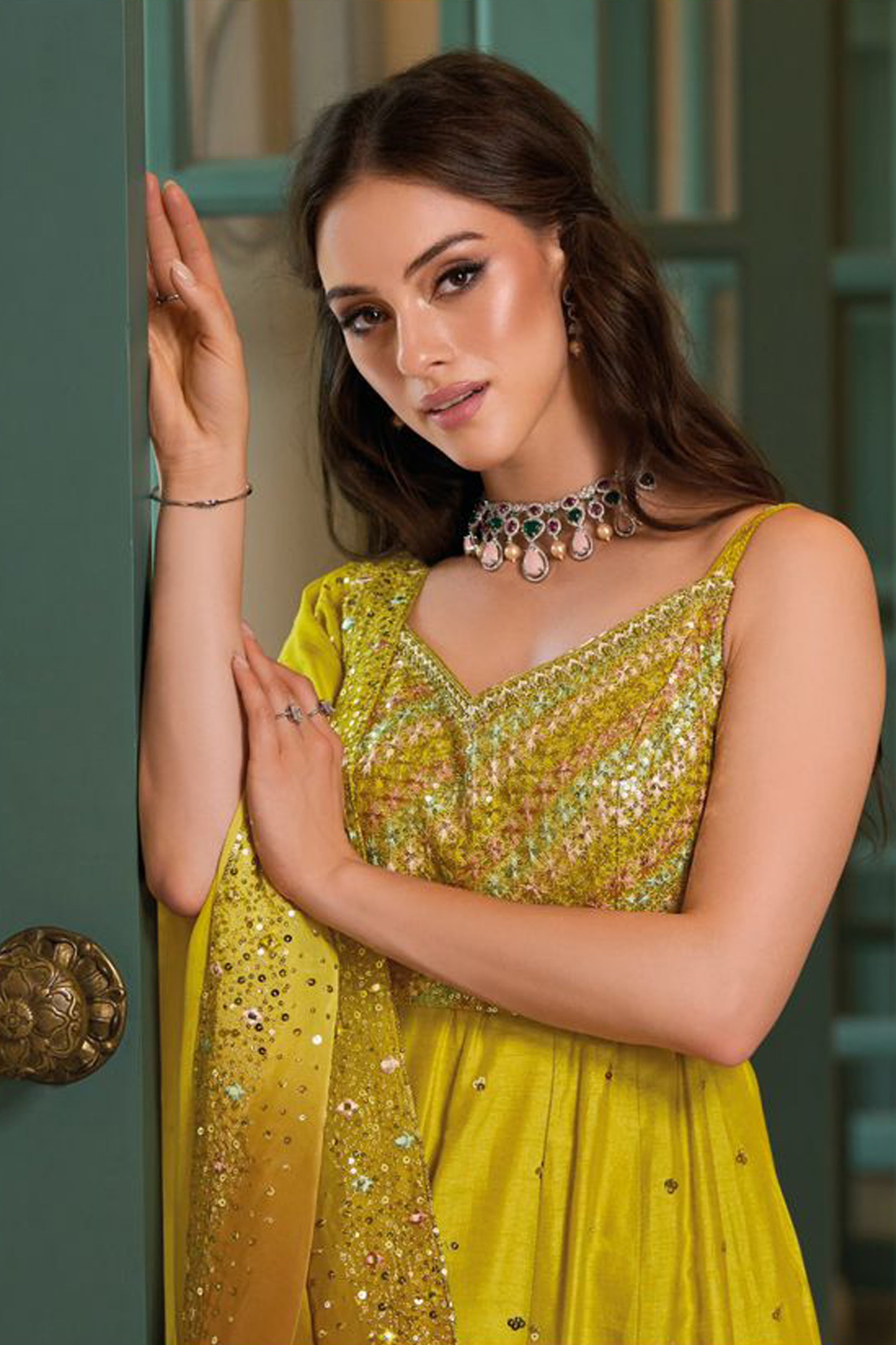 Haldi Ceremony Anarkali Gown With Dupatta Indian Wedding Dress USA