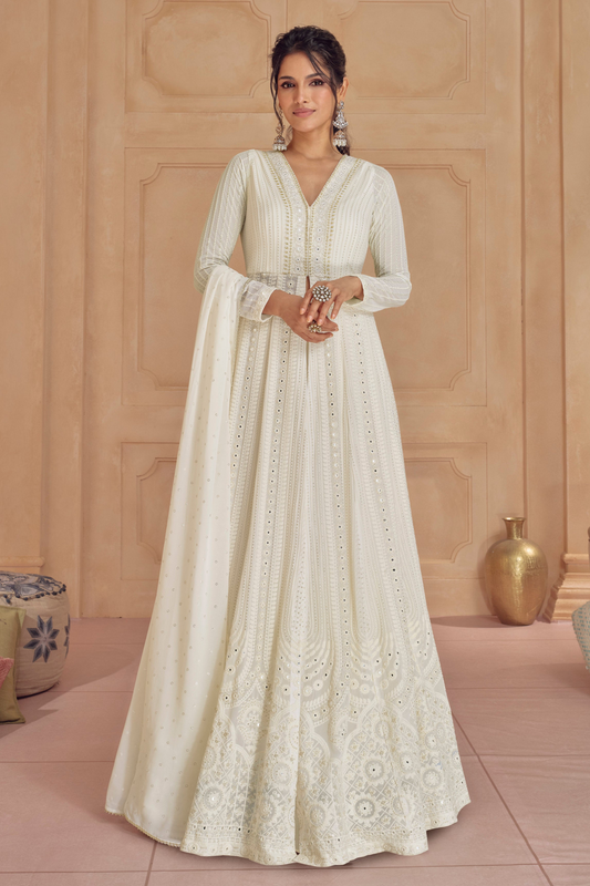 White Anarkali Gown Suits For Eid-Ramadan Special Dupatta Dress