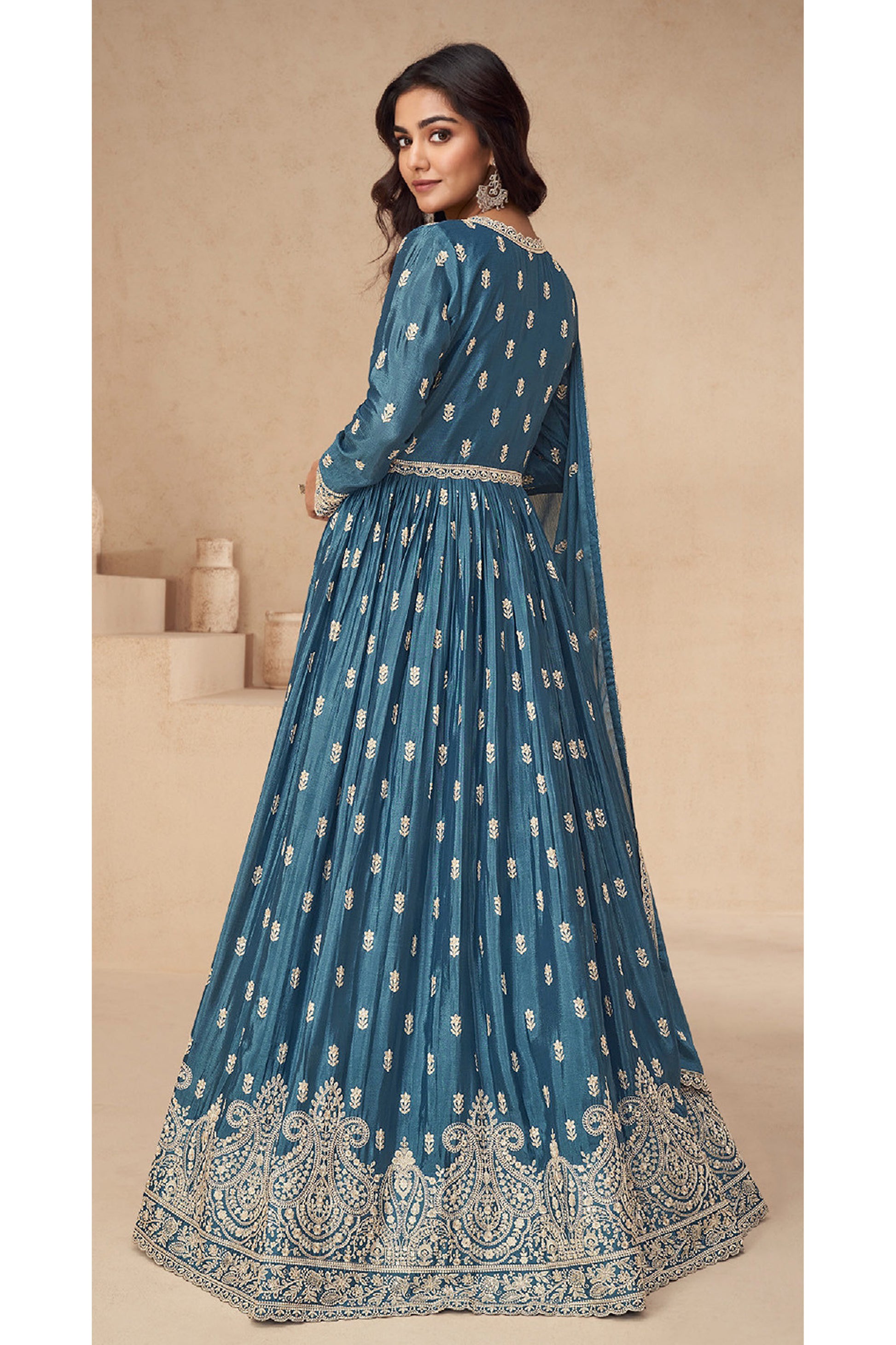 Embroidery Worked Stylish Heavy Dull Santoon Blue Anarkali Gown Dupatta Suits 	 