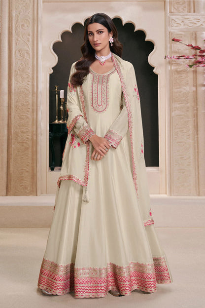 White Wedding Anarkali Gown Suits With Full Long Sleeve Dupatta