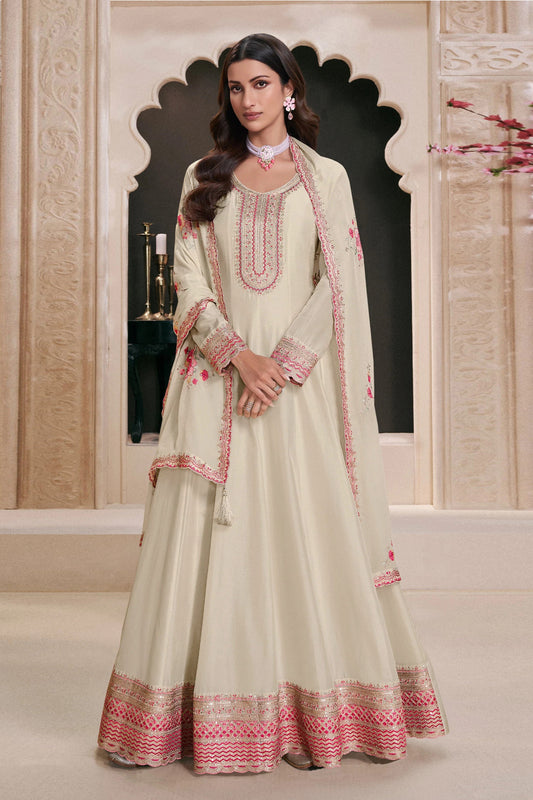 White Wedding Anarkali Gown Suits With Full Long Sleeve Dupatta