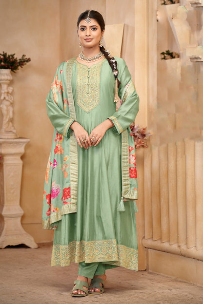 Green Anarkali Gown Silk Suits With Dupatta For USA Weddings