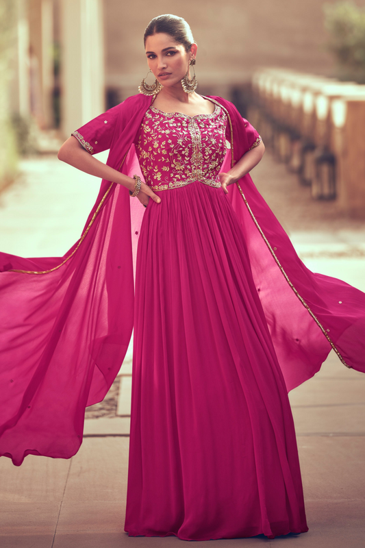Stylish Eid Party Full-Length Chinon Silk Pink Anarkali Gown With Dupatta Suit