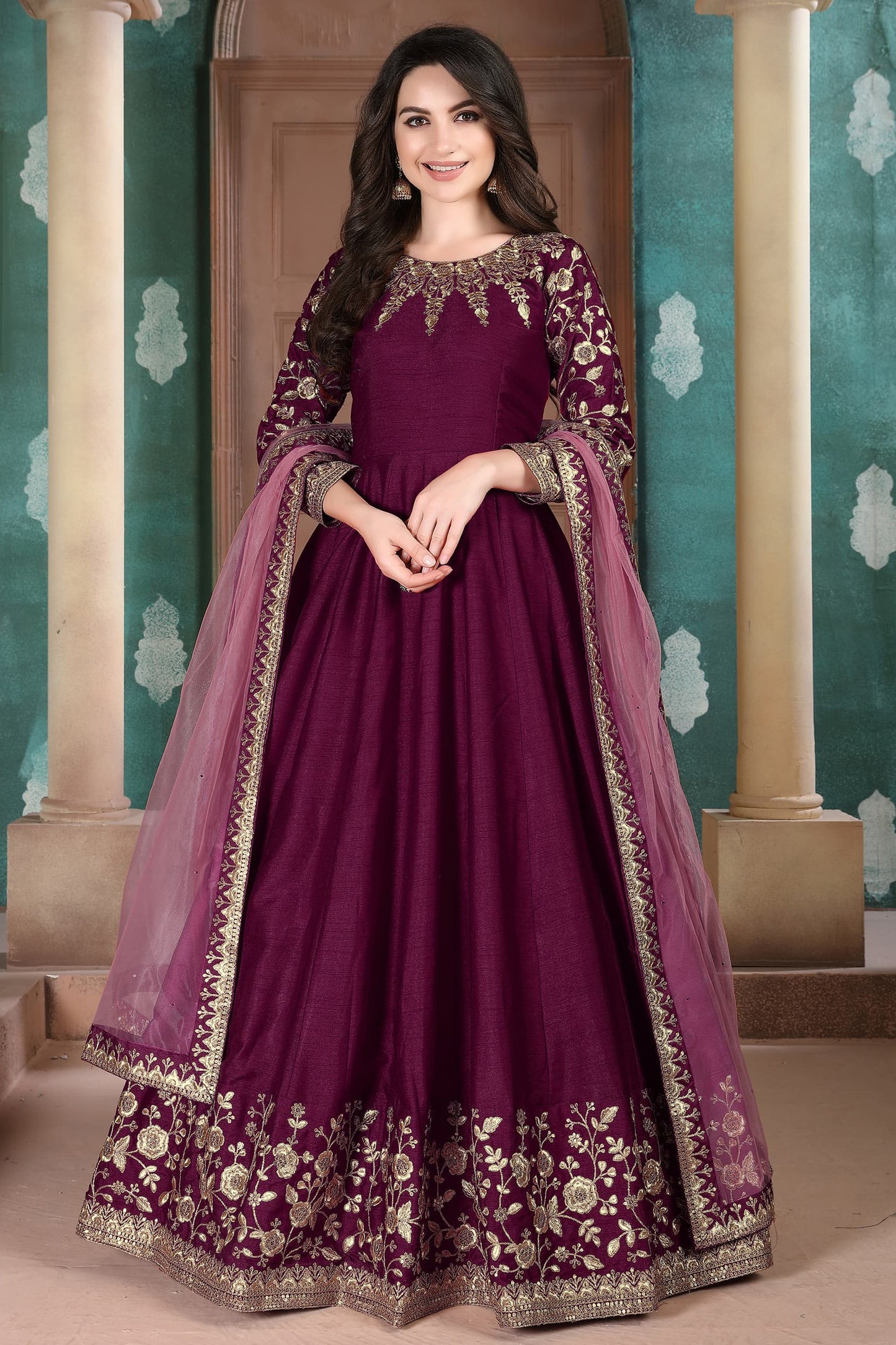 Beautiful Wine Stylish Anarkali Party Wear Dupatta Gown Dresses