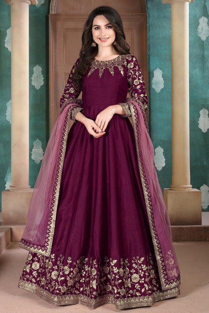 Beautiful Wine Stylish Anarkali Party Wear Dupatta Gown Dresses