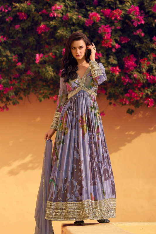 Latest Anarkali Gown With Chinon Silk Dupatta for Festivals Wear Suit