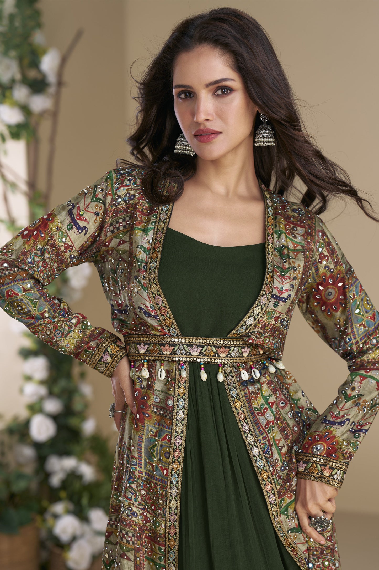 Dark Green Indo-Western Party Wear  Anarkali Gown With Full Sleeve.
