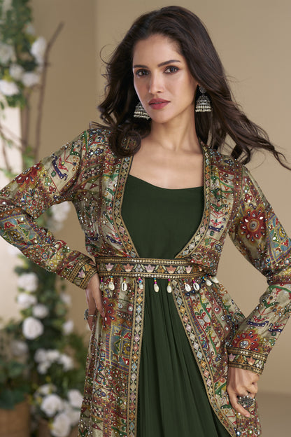 Dark Green Indo-Western Party Wear  Anarkali Gown With Full Sleeve.