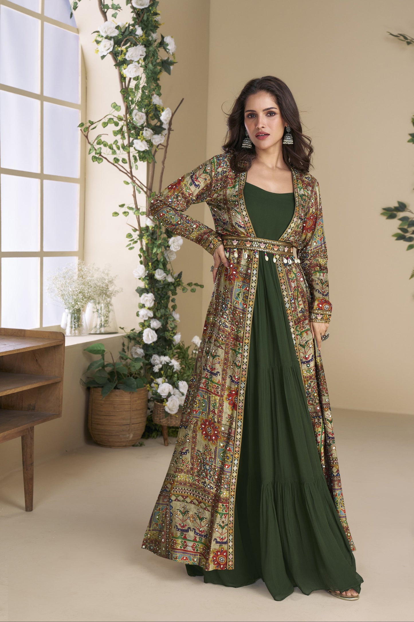 Dark Green Indo-Western Party Wear  Anarkali Gown With Full Sleeve.