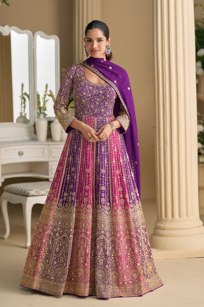 Purple Anarkali Gown For Reception Party Wear Dupatta Suit
