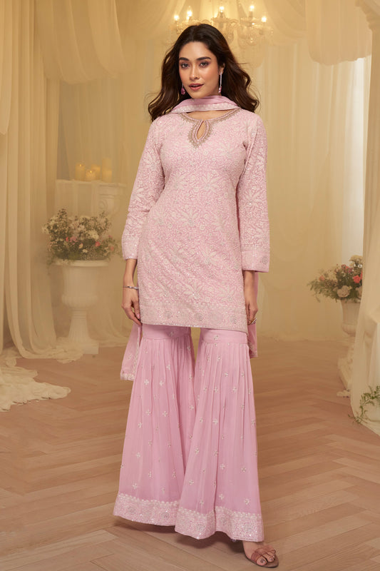 Indian sharara suits baby pink front full view