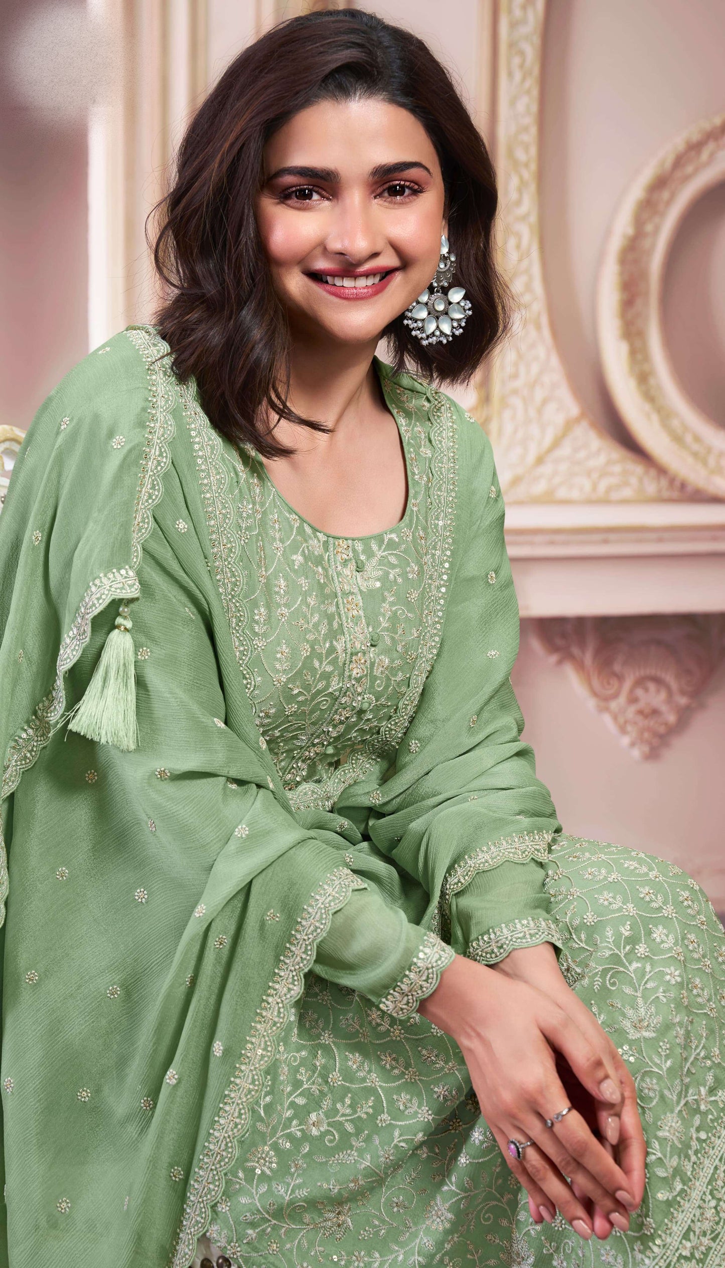 Embroidered Chinon salwar kameez in pistachio green