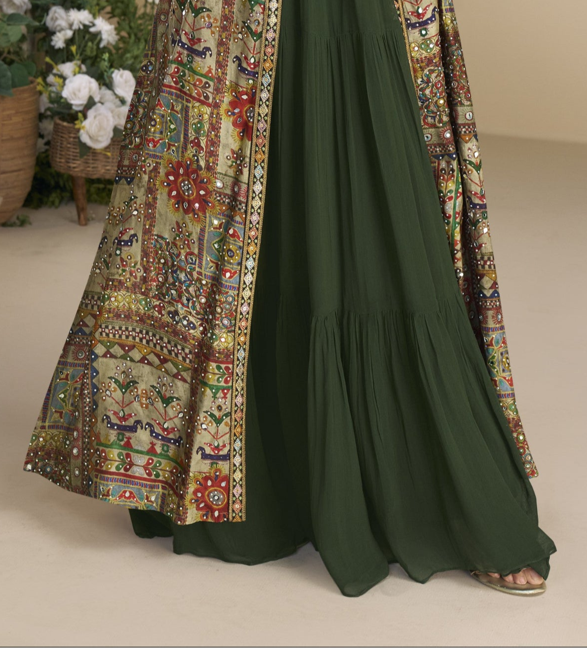 Dark Green Indo-Western Party Wear  Anarkali Gown With Full Sleeve.