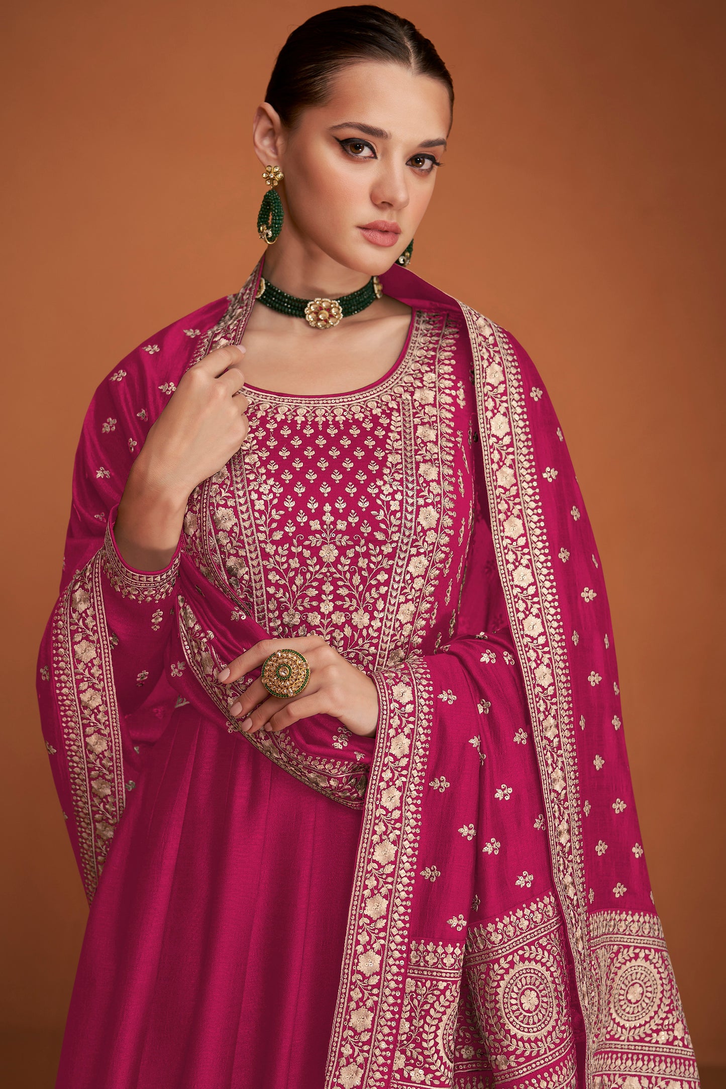 Pink Embroidery Worked Round Neck Anarkali Full Long Dupatta Dress