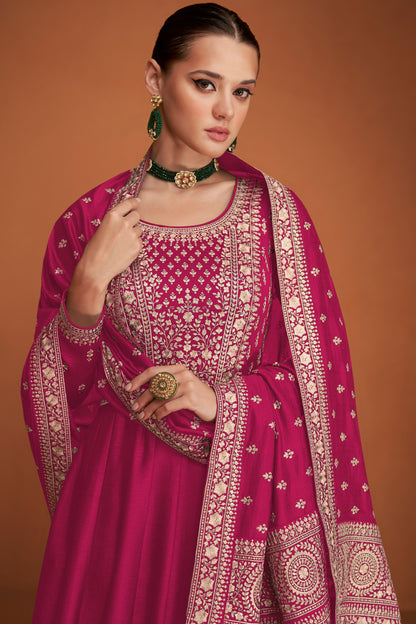 Pink Embroidery Worked Round Neck Anarkali Full Long Dupatta Dress