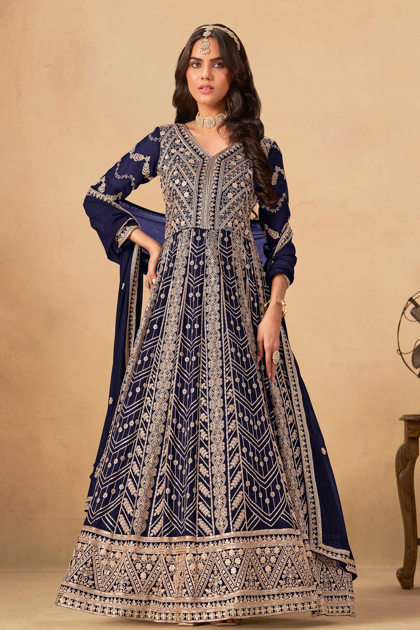 Navy Blue Pakistani Anarkali Gown With Heavy Embroidery For Weddings And Festivals