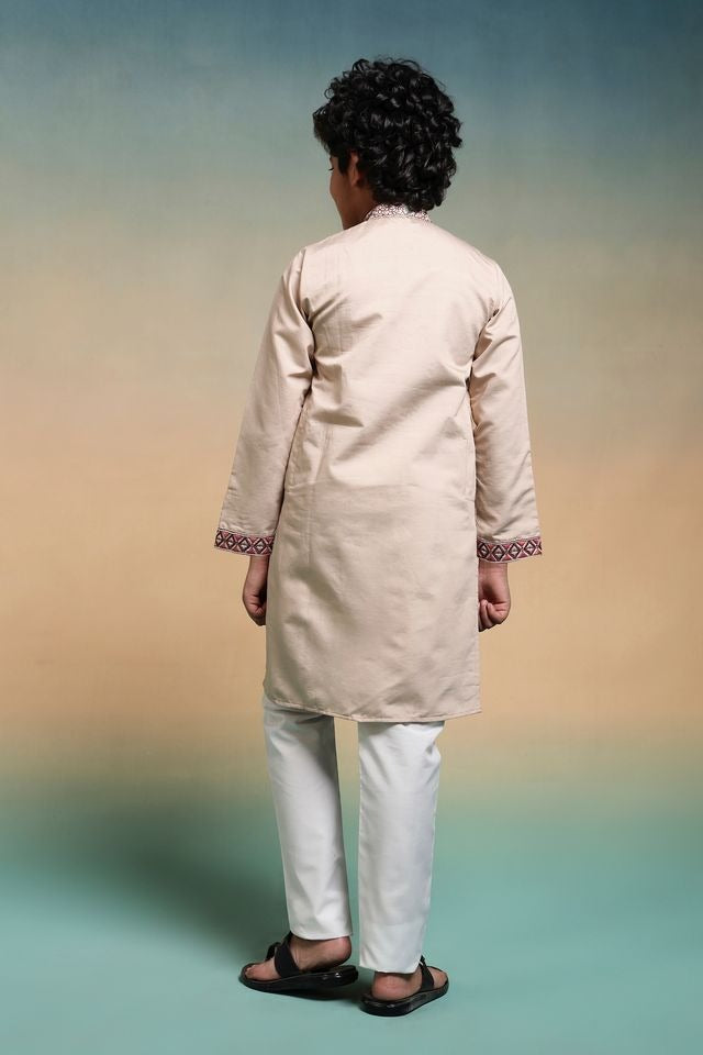 Back view of Beige kurta pajama for boys with clean finish