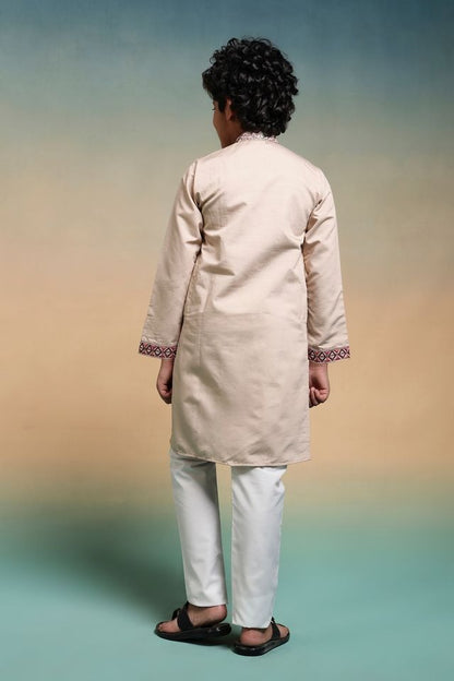 Back view of Beige kurta pajama for boys with clean finish