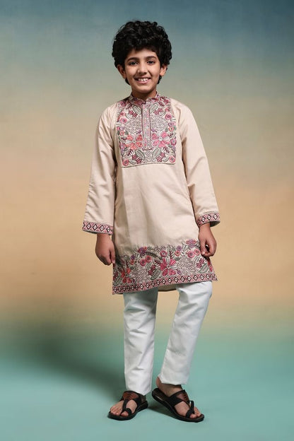 Beige kurta pajama for boys front view with embroidered neckline
