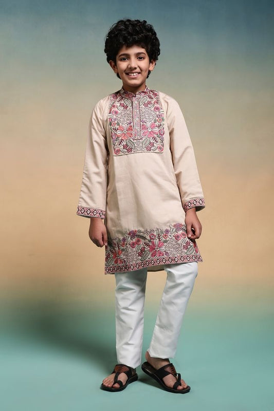 Beige kurta pajama for boys front view with embroidered neckline