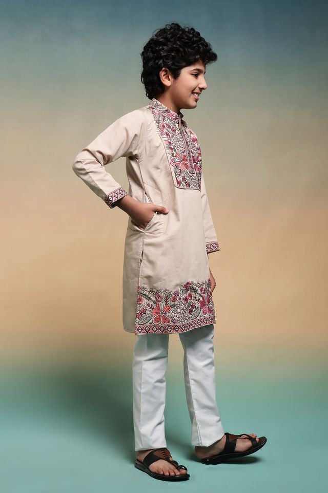 Side profile of kurta for boys in viscose silk fabric