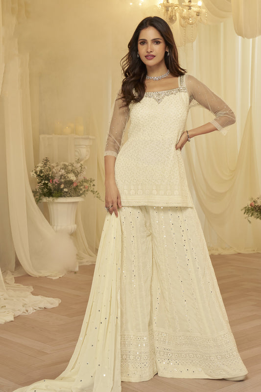 Beige salwar kameez suits front view with sharara
