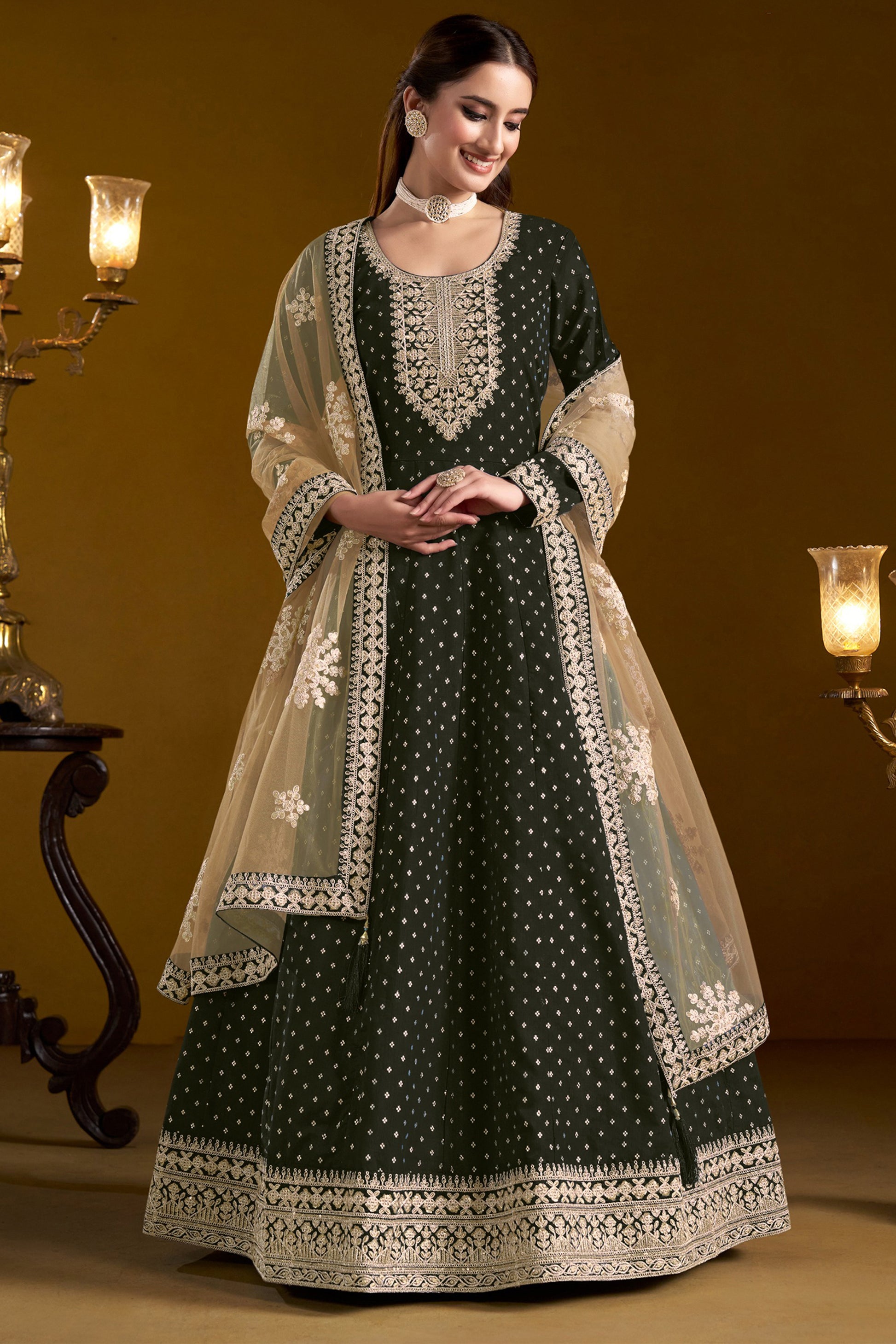Black Anarkali Gown Embroidery Worked Party Wear For Women's Suit
