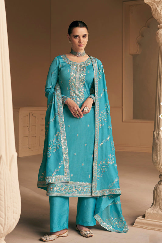 Sky blue salwar kameez for wedding front view