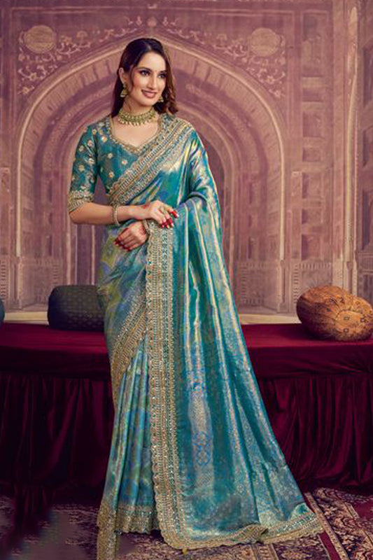 Blue Bollywood Designer Saree With Zari Embroidery And Stitched Blouse - Indian Wedding Outfit USA