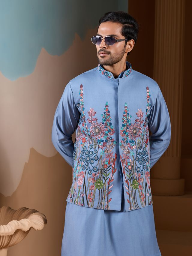 Men’s Blue Kurta Pajama Close Up Embroidered Design