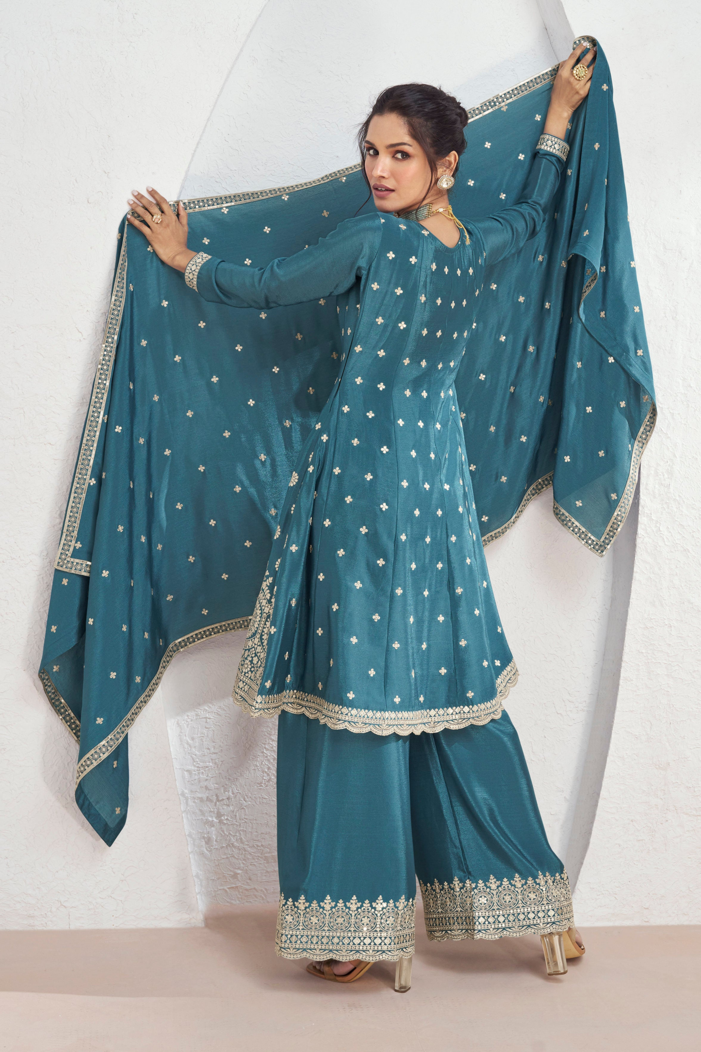 Teal Blue Salwar Kameez Plazzo Dress For Wedding Reception UK for Women's Wear Suit