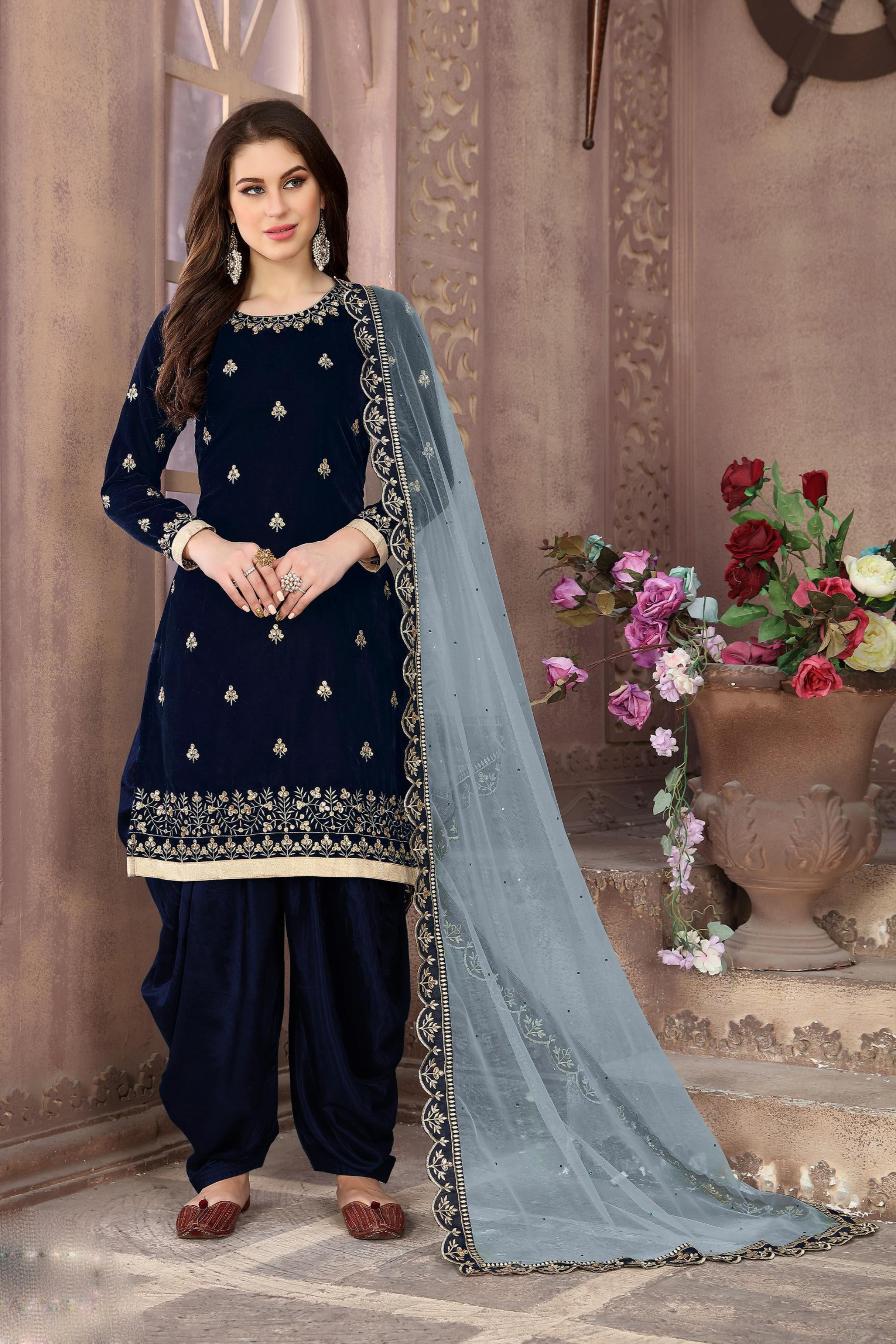 Navy blue patiala suit with embroidered velvet detailing