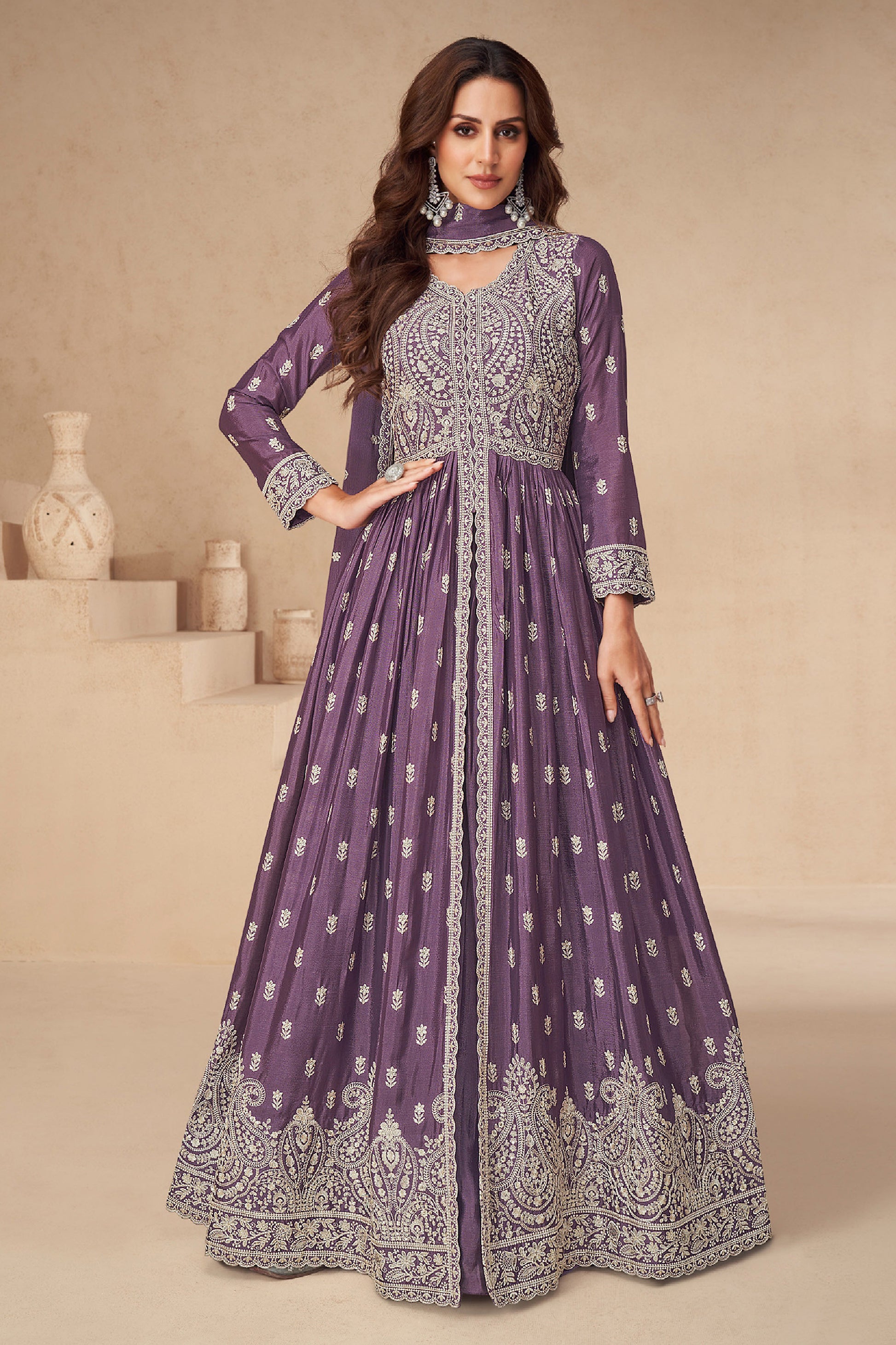 Party Wear Stitched Heavy Dull Santoon Lavender Anarkali Gown Dupatta 