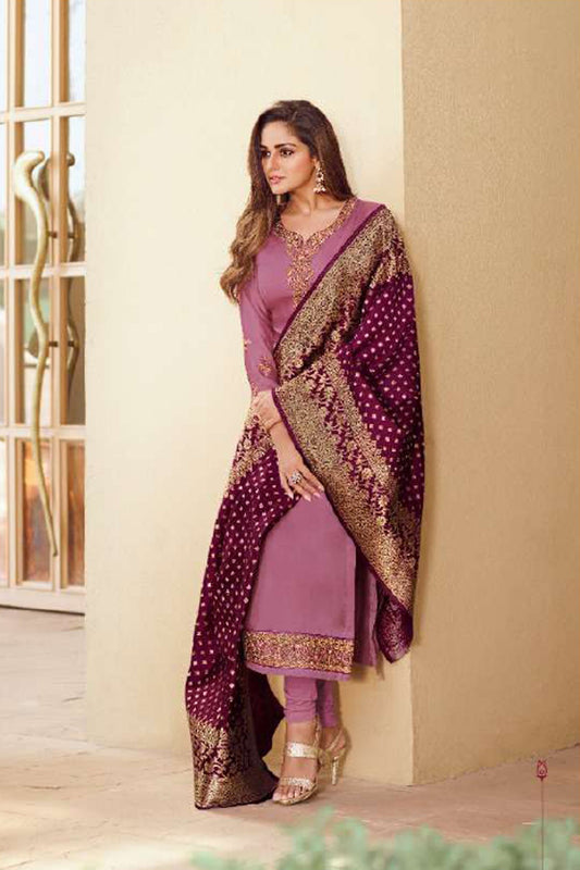 plus size salwar suits in pink satin georgette front view
