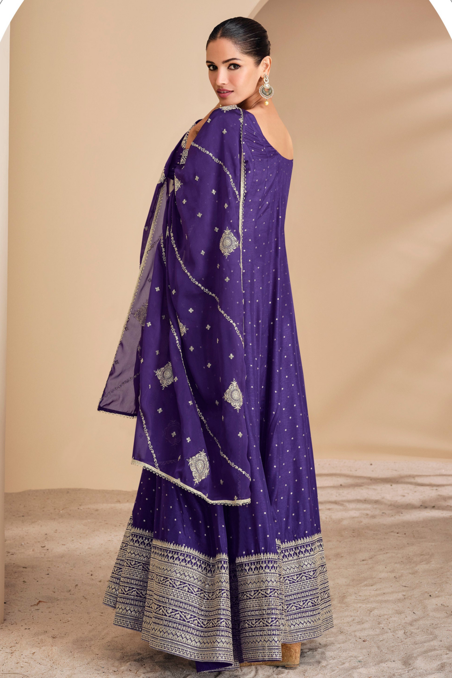 Purple Embroidered Indian Pakistani Anarkali Gown With Dupatta For Her