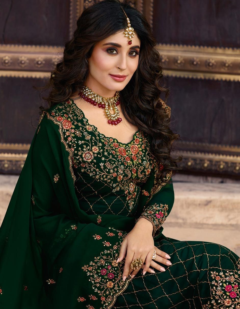 Embroidered dark green salwar kameez ladies set