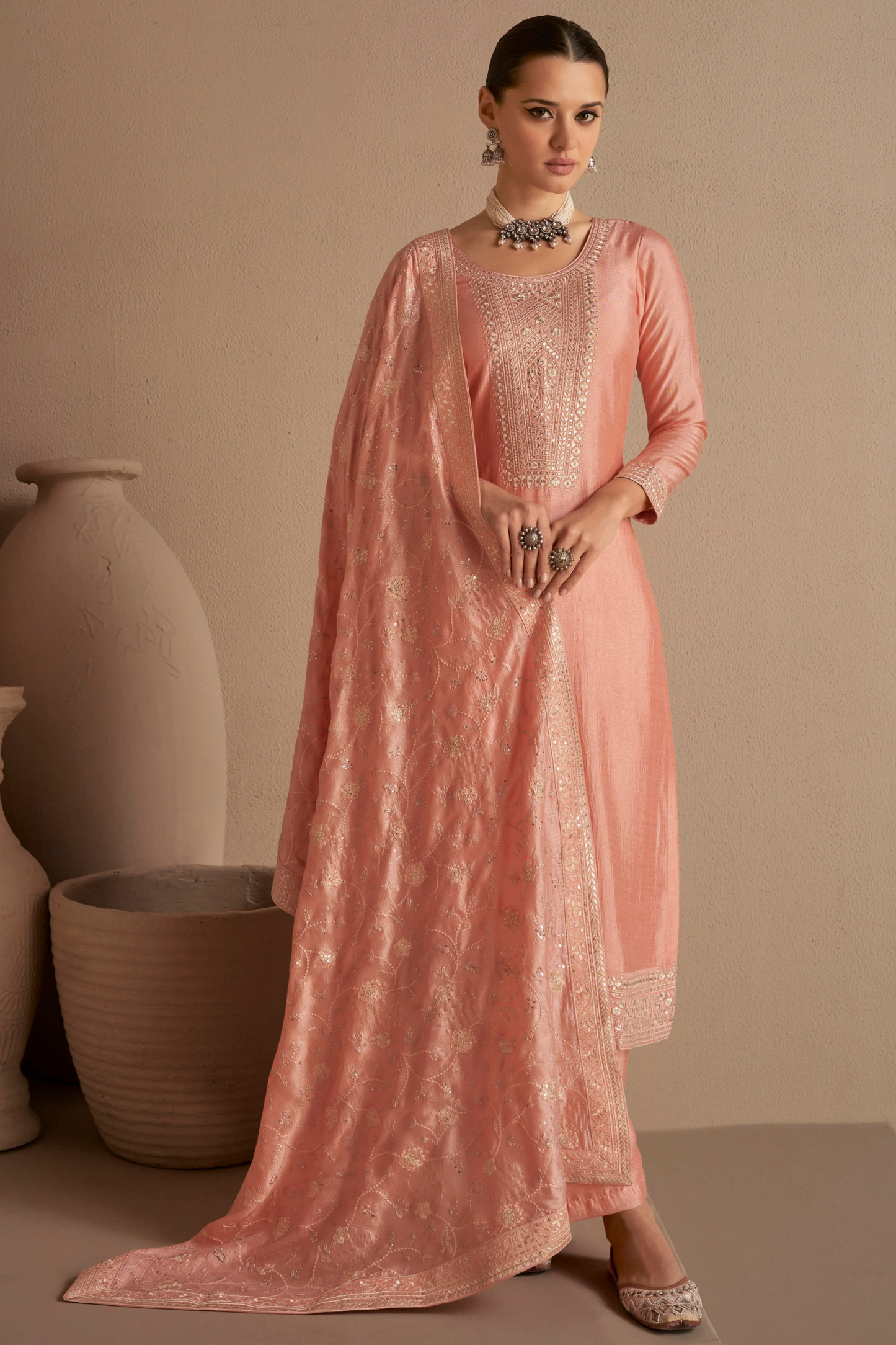 Peach kameez shalwar front view with embroidered silk detailing