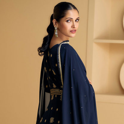 Anarkali Indian Dresses​ Navy Blue Embroidered Worked Gown For Women's Wear