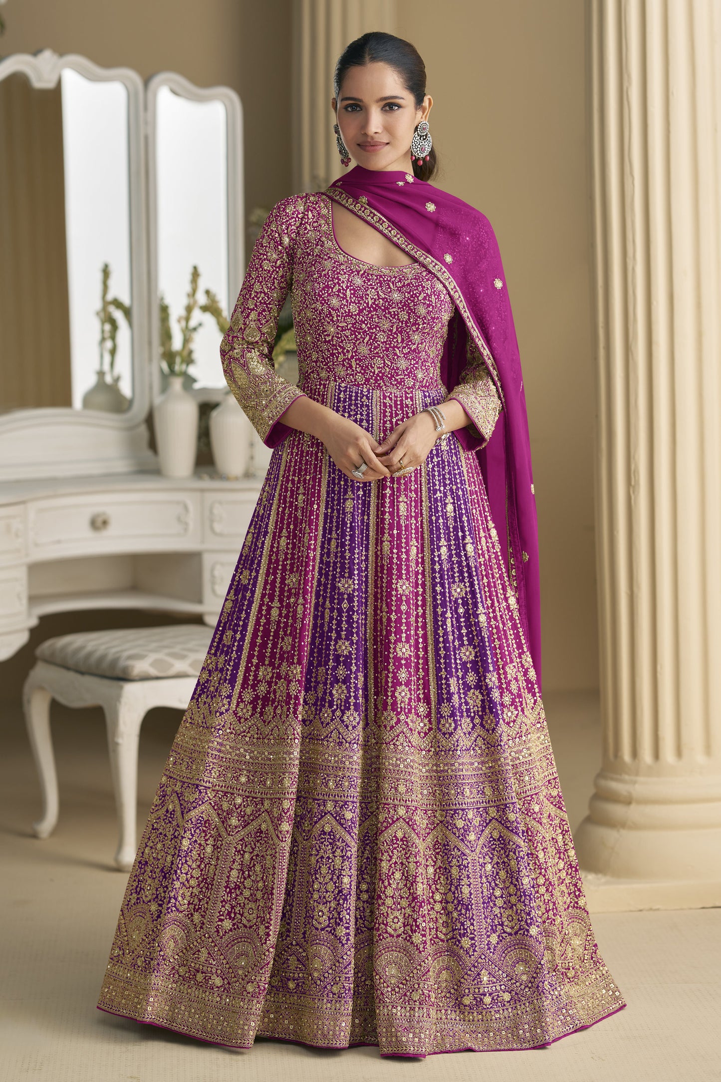 Dark Pink Anarkali Gown With Embroidery For USA Women's